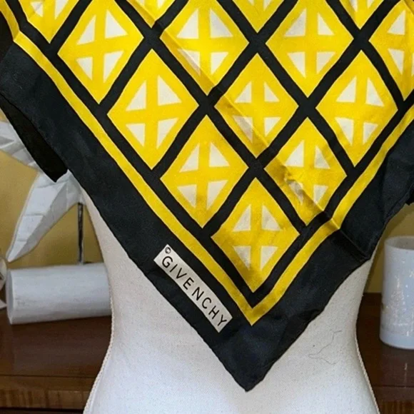 Vtg Givenchy Authentic 100% Silk Bright Yellow & Black Square Print Scarf